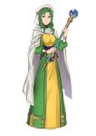  1girl breasts cape dress ebinku fire_emblem fire_emblem:_thracia_776 green_dress green_eyes green_hair highres holding holding_staff looking_at_viewer medium_breasts medium_hair nun safy_(fire_emblem) smile staff white_cape yellow_dress 