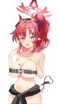  1girl :3 absurdres ash_(cat7evy) bare_arms bare_shoulders belt blue_archive blush breasts cleavage clothes_around_waist cowboy_shot fang goggles goggles_on_head grey_eyes groin halo highres horns large_breasts long_hair looking_at_viewer megu_(blue_archive) navel nose_blush open_mouth pointy_ears ponytail red_eyes red_hair sidelocks snap-fit_buckle solo tail twitter_username 