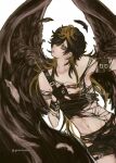  1boy aimono_juushi androgynous belt black_belt black_hair black_shirt black_shorts black_wings blonde_hair blue_eyes facing_to_the_side feathered_wings fingerless_gloves garter_straps gloves hand_on_own_chest highres hypnosis_mic long_hair male_focus multicolored_hair shirt shorts solo wings yumeutsupyon 