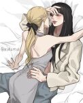  2girls absurdres black_hair blackpink blonde_hair blush commentary_request dress grey_dress hand_on_another&#039;s_waist highres jewelry k-pop lisa_(blackpink) long_hair mole mole_under_eye morethanicansa5 multiple_girls parted_lips ponytail ring rose_(blackpink) teeth upper_teeth_only yuri 