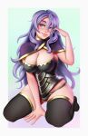  1girl armor bangs black_armor black_thighhighs breasts camilla_(fire_emblem) cleavage fire_emblem fire_emblem_fates highres jackary kneeling large_breasts lips long_hair messy_hair parted_bangs purple_eyes purple_hair skindentation sleeveless thighhighs underwear 