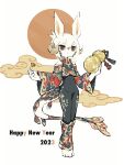  1girl 2023 absurdres animal_ears animal_feet bare_shoulders barefoot black_bodysuit bodysuit chinese_zodiac circle closed_mouth cloud_print colored_sclera colored_skin commentary_request covered_navel crossed_legs cup detached_sleeves dragon_tail full_body gourd grey_eyes hands_up happy_new_year highres holding_gourd horns leg_warmers medium_hair multicolored_eyes nengajou new_year original print_sleeves rabbit_ears red_eyes satsumai scales solo tail thick_eyebrows watson_cross white_background white_hair white_skin whorled_clouds wide_sleeves year_of_the_rabbit yellow_sclera 