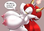  big_breasts big_nipples black_tiara breasts butt cocco dialogue disney english_text eyelashes fangs female fire hair hands_behind_head hekapoo hi_res horn horned_humanoid humanoid lidded_eyes long_hair looking_at_viewer nipples not_furry nude orange_eyes pale_skin red_hair simple_background smile solo solo_focus speech_bubble star_vs._the_forces_of_evil tan_background teeth text yellow_sclera 