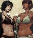  2girls abs armpits avatar_(ff14) ayaki_d bangs bikini black_hair breasts cleavage closed_mouth collarbone commission dark-skinned_female dark_skin expressionless final_fantasy final_fantasy_xiv freckles hair_over_one_eye halterneck headband highres large_breasts lips lipstick looking_at_viewer makeup mole mole_under_eye multicolored_hair multiple_girls navel open_clothes open_shirt pale_skin parted_bangs parted_lips purple_eyes purple_hair purple_lips roegadyn short_hair skindentation stomach swimsuit twitter_username two-tone_hair undressing upper_body watermark 