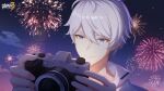  1boy bangs blue_eyes blue_shirt camera eyebrows_hidden_by_hair firework_background fireworks highres honkai_(series) honkai_impact_3rd kevin_kaslana looking_down male_focus new_year night official_art official_wallpaper shirt smile taking_picture white_hair 