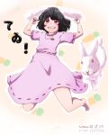  1girl animal_ears bangs barefoot black_hair blush carrot carrot_necklace clenched_hands commentary_request dress flat_chest floppy_ears frilled_sleeves frills full_body grin inaba_tewi jewelry jumping juuni_05 looking_at_viewer necklace pink_dress pink_eyes pixiv_id rabbit rabbit_ears rabbit_girl rabbit_tail ribbon-trimmed_dress short_hair smile solo tail touhou 