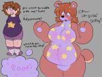  2023 animate_inanimate anthro bear black_nose breasts brown_hair clothing dialogue digital_media_(artwork) english_text featureless_crotch footwear hair hi_res human human_to_anthro living_plushie looking_down male mammal plushie seam_(sewing) simple_background socks solo species_transformation surprise teddy_bear text transformation trubbol 