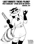  2022 anthro belladonna_(tegerio) black_and_white breasts clothed clothing dress english_text female file_(tool) gloves_(marking) grin hi_res leg_markings mammal markings monochrome procyonid raccoon ring_(marking) ringtail smile socks_(marking) solo tail tail_markings tegerio text thumb_tack whiskers 
