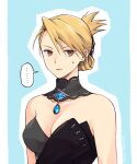  ... 1girl bangs bare_shoulders black_dress blonde_hair breasts brown_eyes commentary_request dress earrings embarrassed folded_ponytail fullmetal_alchemist highres jewelry looking_at_viewer medium_breasts official_alternate_costume riza_hawkeye solo spoken_ellipsis sweatdrop swept_bangs takafuji_yuna 