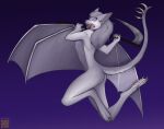  anthro bat bat_wings chimenticore female foxenawolf fur gradient_background grey_body grey_fur mammal melee_weapon membrane_(anatomy) membranous_wings nude open_mouth pawpads peacekeeper_orthanan pink_pawpads polearm purple_eyes scythe simple_background solo weapon winged_arms wings 
