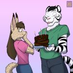  anthro birthday_cake cake clothed clothing dessert duo felid feline female food foxenawolf fur gradient_background lynx male mammal mark_m&#039;rega pantherine pink_nose simple_background spots spotted_body spotted_fur striped_body striped_fur stripes tan_body tan_fur tielle_(tigermark) tiger tongue tongue_out white_body white_fur 
