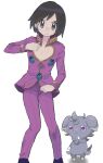  1boy alternate_costume bangs calem_(pokemon) chest_cutout closed_mouth clothing_cutout commentary_request cosplay earrings espurr giorno_giovanna giorno_giovanna&#039;s_pose_(jojo) giorno_giovanna_(cosplay) grey_eyes hand_up heart_cutout high_collar highres jacket jewelry jojo_no_kimyou_na_bouken jojo_pose long_sleeves looking_at_viewer male_focus pants pigeon-toed pokemon pokemon_(creature) pokemon_(game) pokemon_xy purple_jacket purple_pants sana_(37pisana) shoes short_hair standing vento_aureo white_background 