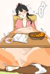  bangs black_hair blush bow closed_eyes collarbone commentary_request food fruit hair_bow houshou_(kancolle) implied_masturbation iwao_(iwaogom) japanese_clothes kantai_collection kimono kotatsu long_hair loose_socks mandarin_orange open_mouth pink_bow pink_kimono ponytail simple_background socks table thought_bubble toe_scrunch translation_request trembling white_socks 