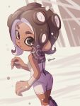  1girl arm_warmers bare_shoulders bodysuit brown_eyes brown_hair dark-skinned_female dark_skin medium_hair octoling octoling_girl open_mouth pantylines single_arm_warmer sleeveless sleeveless_bodysuit socks solo splatoon_(series) splatoon_3 splatoon_3:_side_order splatoon_hawo standing suction_cups tentacle_hair white_bodysuit white_socks zipper 