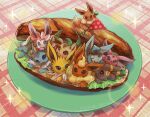  :3 bread brown_eyes closed_mouth commentary_request day eevee espeon flag flareon food glaceon in_food jolteon leafeon lettuce momomo12 no_humans outdoors plate pokemon pokemon_(creature) sandwich smile sparkle sylveon tablecloth umbreon vaporeon 