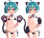  1boy animal_ears animal_hands aqua_eyes aqua_hair bikini black_bikini cat_ears cat_paws cat_tail crossdressing hairband maid maid_bikini maid_headdress multiple_views navel nipples otoko_no_ko short_hair sound_voltex swimsuit tail tsumabuki_left zenchi_(061799) 