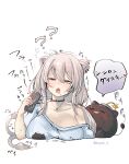  1girl ? absurdres ahoge animal_ears black_choker blush breast_rest breasts can choker ear_piercing grey_hair hair_between_eyes half-closed_eyes highres holding holding_can hololive ikayaki_(artist) large_breasts lion_ears low_twintails off_shoulder open_mouth piercing saliva saliva_trail shirt shishiro_botan short_sleeves solo ssrb_(shishiro_botan) translation_request twintails virtual_youtuber 
