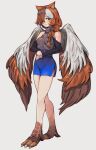  1girl animal_ears bare_shoulders bird_feet bird_girl black_sleeves blue_skirt blush braid brown_hair copyright_request detached_sleeves feathered_wings full_body grey_background grey_hair grey_shirt hair_over_one_eye highres long_hair looking_at_viewer maido_mido monster_girl multicolored_hair purple_eyes ribbed_shirt shirt simple_background single_braid skirt smile solo standing streaked_hair turtleneck wings 