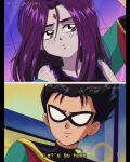  1990s_(style) 1boy 1girl animification bare_shoulders black_hair brenni_murasaki carrying closed_mouth dc_comics derivative_work english_text forehead_jewel mask medium_hair pale_skin parted_lips princess_carry purple_eyes purple_hair raven_(dc) retro_artstyle robin_(dc) screencap_redraw smile subtitled teen_titans 