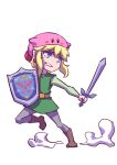  2022 absurd_res alien blonde_hair clothed clothing duo hair hej_510 hi_res humanoid hylian kirby kirby_(series) link male melee_weapon nintendo not_furry shield sword the_legend_of_zelda tunic waddling_head weapon 