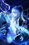  1boy absurdres artist_name bangs blue_eyes blue_hair closed_mouth dark_background electricity expressionless highres holding holding_sword holding_weapon korean_commentary kyrgios_rodgraim long_hair long_sleeves looking_at_viewer male_focus omniscient_reader&#039;s_viewpoint ponytail sheath shine_s247 solo sword unsheathing upper_body weapon wide_sleeves 