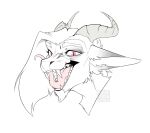  2022 alen_(saren662) anthro beard dragon facial_hair fangs fur furred_dragon hi_res horn inner_ear_fluff kaurimoon licking licking_lips licking_own_lips long_tongue looking_at_viewer male open_mouth pink_eyes self_lick smile solo teeth tongue tongue_out tuft 