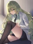  1girl black_necktie black_thighhighs breasts green_eyes green_hair hair_between_eyes highres honkai_(series) honkai_impact_3rd labcoat large_breasts leg_up long_hair looking_at_viewer miro mobius_(honkai_impact) necktie sitting slit_pupils thighhighs 