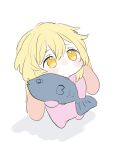  1girl aged_down animal_hood baby babygrow blonde_hair commentary_request fish genshin_impact highres holding holding_stuffed_toy hood looking_up lumine_(genshin_impact) rabbit_hood sketch solo stuffed_toy syorisensei white_background yellow_eyes 