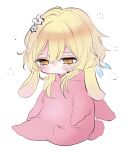  1girl animal_ears baby babygrow bangs blonde_hair commentary_request flower genshin_impact hair_flower hair_ornament lumine_(genshin_impact) rabbit_ears sketch sleepy solo syorisensei white_background yellow_eyes 