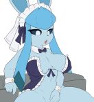  2023 anthro anthrofied bottomless bottomless_anthro bottomless_female breasts clothed clothing cute_fangs digital_media_(artwork) eeveelution female female_anthro flat_colors frilly frilly_clothing fur generation_4_pokemon glaceon hair healingpit hi_res kemono masturbation nintendo nipple_outline pokemon pokemon_(species) pokemorph simple_background solo tongue tongue_out vaginal vaginal_masturbation white_background 