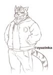  2023 anthro black_and_white bottomwear cheek_tuft clothed clothing facial_tuft felid fully_clothed fur head_tuft hoodie line_art male mammal monochrome morenatsu pantherine pants ry_o smile solo striped_body striped_fur stripes teeth tiger topwear torahiko_(morenatsu) tuft vest 