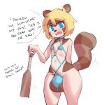  angry anthro ashi_(ashizero) balls blonde_hair blue_eyes blush borvar brown_body brown_fur bulge canid canine clothing dialogue front_view fur genitals girly hair hi_res looking_at_viewer male mammal multicolored_body multicolored_fur penis raccoon_dog short_hair small_penis solo swimwear tan_body tan_fur tanuki text two_tone_body two_tone_fur 