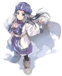  1girl ainu ainu_clothes asirpa bandana black_hair blue_bandana blue_eyes boots cape closed_mouth earrings full_body fur_cape golden_kamuy highres hoop_earrings jewelry kuroi_mimei long_hair looking_at_viewer simple_background smile solo white_background white_cape 