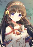  1girl absurdres aiyan atelier_(series) atelier_shallie bangs bare_shoulders black_hair blunt_bangs blush closed_mouth dress hair_ribbon hairband highres holding jewelry long_hair looking_at_viewer necklace purple_eyes ribbon shallistera_(atelier) solo upper_body 