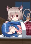  2girls artist_self-insert bangs basket bed blanket blue_hair closed_eyes commentary_request food fruit highres hinanawi_tenshi indoors long_hair long_sleeves lying mouse mouse_girl mouse_tail multiple_girls nazrin on_bed on_side pajamas peach peach_print red_eyes ruu_(tksymkw) sidelocks sweat tail touhou window 