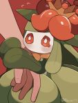  1other a-nya blush bright_pupils commentary_request crown fingernails flower flying_sweatdrops highres holding_another&#039;s_wrist lilligant orange_eyes orange_flower pokemon pokemon_(creature) red_background tearing_up twitter_username watermark wavy_eyes white_pupils 