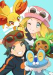  1boy 1girl alternate_color alternate_eye_color animal_ears black_hair blonde_hair blue_background blue_eyes calem_(pokemon) chespin collarbone dante0909 eyewear_on_headwear fennekin froakie green_eyes jacket looking_at_viewer open_mouth poke_ball_symbol pokemon pokemon_(creature) pokemon_(game) pokemon_xy red_headwear serena_(pokemon) smile sunglasses teeth 