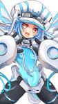  1girl blue_hair bodysuit breasts covered_navel gauntlets hair_ornament happy hat highres long_hair looking_at_viewer misaki_(nounaikakusan) neptune_(series) next_white open_mouth orange_eyes shin_jigen_game_neptune_vii sidelocks small_breasts smile solo symbol-shaped_pupils white_heart 