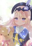  1girl bangs blonde_hair blush dragalia_lost hair_ornament hat highres holding holding_stuffed_toy lathna long_hair looking_at_viewer osakilo purple_eyes smile solo stuffed_animal stuffed_toy teddy_bear torn upper_body 