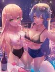  2girls absurdres arms_behind_back bare_shoulders blonde_hair blue_hair blush bottle breasts cleavage cup eyewear_on_head green_eyes highres holding holding_cup hololive innertube jewelry large_breasts long_hair looking_at_viewer momosuzu_nene mouth_hold multiple_girls necklace outdoors parted_lips pointy_ears smile sunglasses thighs turbulence virtual_youtuber water wet yellow_eyes yukihana_lamy 