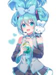  &gt;_o 1girl 1other :d absurdres animal animal_on_shoulder aqua_eyes aqua_hair bare_shoulders black_skirt bow cinnamiku cinnamoroll commentary_request cosplay cowboy_shot crossover cup detached_sleeves drinking_straw glass hair_bow hatsune_miku hatsune_miku_(cosplay) highres holding holding_cup kaoling long_hair looking_at_viewer matching_outfit necktie on_shoulder one_eye_closed open_mouth pleated_skirt rabbit sanrio shirt simple_background skirt sleeveless smile tied_ears updo vocaloid white_background 