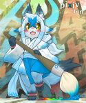  1girl :3 animal_ear_fluff animal_ears animal_feet animal_nose bangs barefoot blue_fur blue_hair blue_kimono blue_ribbon blush body_fur bracelet calligraphy_brush character_name commentary_request crossed_bangs english_text fang flat_chest fox_ears fox_girl fox_tail full_body furry furry_female hair_between_eyes hair_ribbon hands_up happy highres holding holding_brush japanese_clothes jewelry kame_(3t) kimono layered_sleeves leg_up long_hair long_sleeves looking_to_the_side multicolored_background multicolored_fur multicolored_hair open_mouth paint paintbrush partial_commentary pixiv pixiv-tan pixiv_logo rainbow_gradient ribbon sash short_kimono short_over_long_sleeves short_sleeves sidelocks slit_pupils smile snout solo standing standing_on_one_leg tail text_background two-tone_hair white_fur wide_sleeves yellow_eyes 