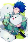  1boy animal blue_hair border character_name commentary_request cu_chulainn_(fate) dog echo_(circa) fate/grand_order fate/grand_order_arcade fate_(series) grass grin male_focus outside_border puppy red_eyes setanta_(fate) sitting smile spiked_hair tongue tongue_out twitter_username white_border white_dog 