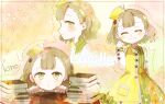  1girl artist_name atelier_(series) atelier_escha_&amp;_logy bangs blunt_bangs blush book book_stack bow character_name closed_eyes closed_mouth detached_sleeves dress green_eyes hair_ornament hat highres kino_te light_brown_hair looking_at_viewer lucille_ernella multiple_views pocket profile short_hair smile solo table two-tone_dress yellow_headwear 