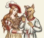  anthro blood bodily_fluids clothing costume discomfort duo female human hyena looking_annoyed male male/female mammal reynard_goodfellow simple_background unknown_artist 