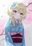  1girl alternate_costume blonde_hair cherry_blossoms commentary_request flower genshin_impact hair_flower hair_ornament highres japanese_clothes kimono long_hair looking_at_viewer lumine_(genshin_impact) multicolored_eyes orange_eyes sidelocks solo syorisensei yellow_eyes 