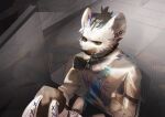  2019 anthro arknights black_hair blue_hair clothing collar ear_piercing eyebrow_piercing facial_piercing fur grey_body grey_fur hair hyena hypergryph looking_at_object male mammal multicolored_hair piercing quirrel sewing shirt solo spot_(arknights) spots spotted_body spotted_fur spotted_hyena studio_montagne t-shirt topwear two_tone_hair 