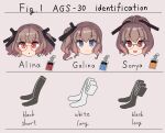  3girls :d :o ags-30_(girls&#039;_frontline) bangs black-framed_eyewear black_socks black_thighhighs blue_eyes blunt_bangs brown_hair character_name closed_mouth commentary_request english_text girls&#039;_frontline glasses hair_between_eyes hair_ornament head_only highres id_card llpfmfc looking_at_viewer medium_hair multiple_girls open_mouth ponytail red-framed_eyewear red_eyes short_hair side_ponytail simple_background smile socks thighhighs white_thighhighs 