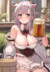  1girl alcohol animal_ears animal_print apron architecture bangs bare_shoulders beer beer_mug black_bow black_bowtie blunt_bangs blush bottle bow bowtie breasts chestnut_mouth cleavage cow_ears cow_horns cow_print cropped_legs cup detached_collar detached_sleeves dirndl dot_nose drink frilled_skirt frills german_clothes german_text green_eyes grey_hair hair_behind_ear highres holding holding_cup holding_drink hololive horns large_breasts long_hair looking_at_viewer mole mole_on_breast momomiya mug official_alternate_costume official_alternate_hair_length official_alternate_hairstyle open_mouth plant puffy_detached_sleeves puffy_sleeves shirogane_noel sitting skirt solo upper_body virtual_youtuber waist_apron white_apron window wrist_cuffs 