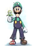  1boy blue_overalls facial_hair gloves green_headwear green_shirt hat highres holding holding_plant looking_at_viewer luigi mario_&amp;_luigi_rpg mario_&amp;_luigi_rpg_(style) mario_(series) mustache overalls plant shirt shoes simple_background single_shoe socks solo striped striped_socks white_background white_gloves ya_mari_6363 